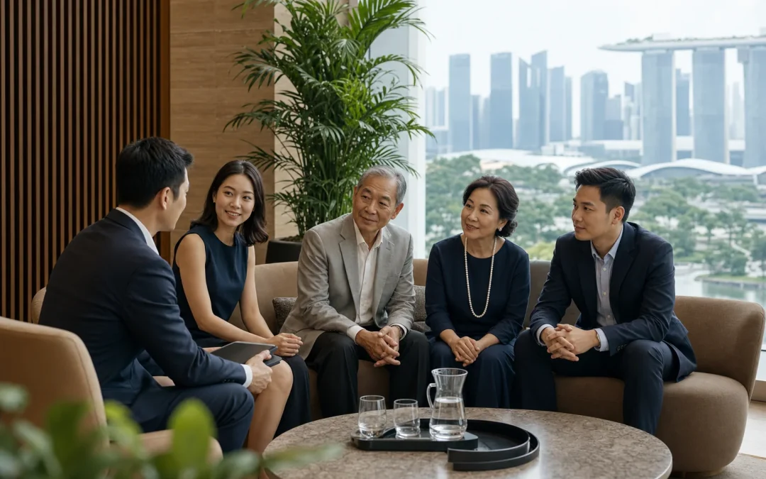 An intergenerational Asian family meeting a family office adviser in Singapore