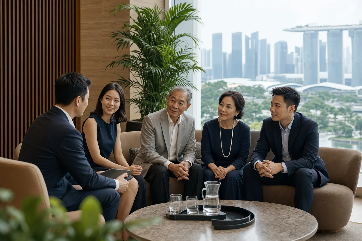 An intergenerational Asian family meeting a family office adviser in Singapore